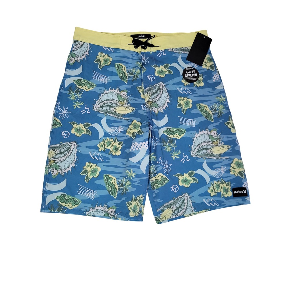 Hurley Board Short Boy Size 20 XL Blue Skeleton Surfing 4-Way Stretch Swim Trunk